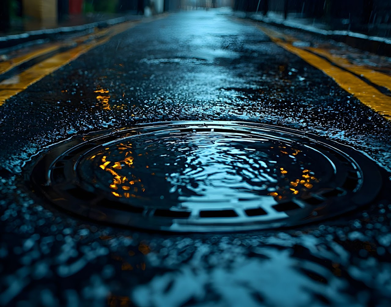 A close-up of a wet roadway with a catch basin and reflective water, showcasing Morris Town Paving's expert drainage solutions and catch basin installation services in Morris County, NJ.