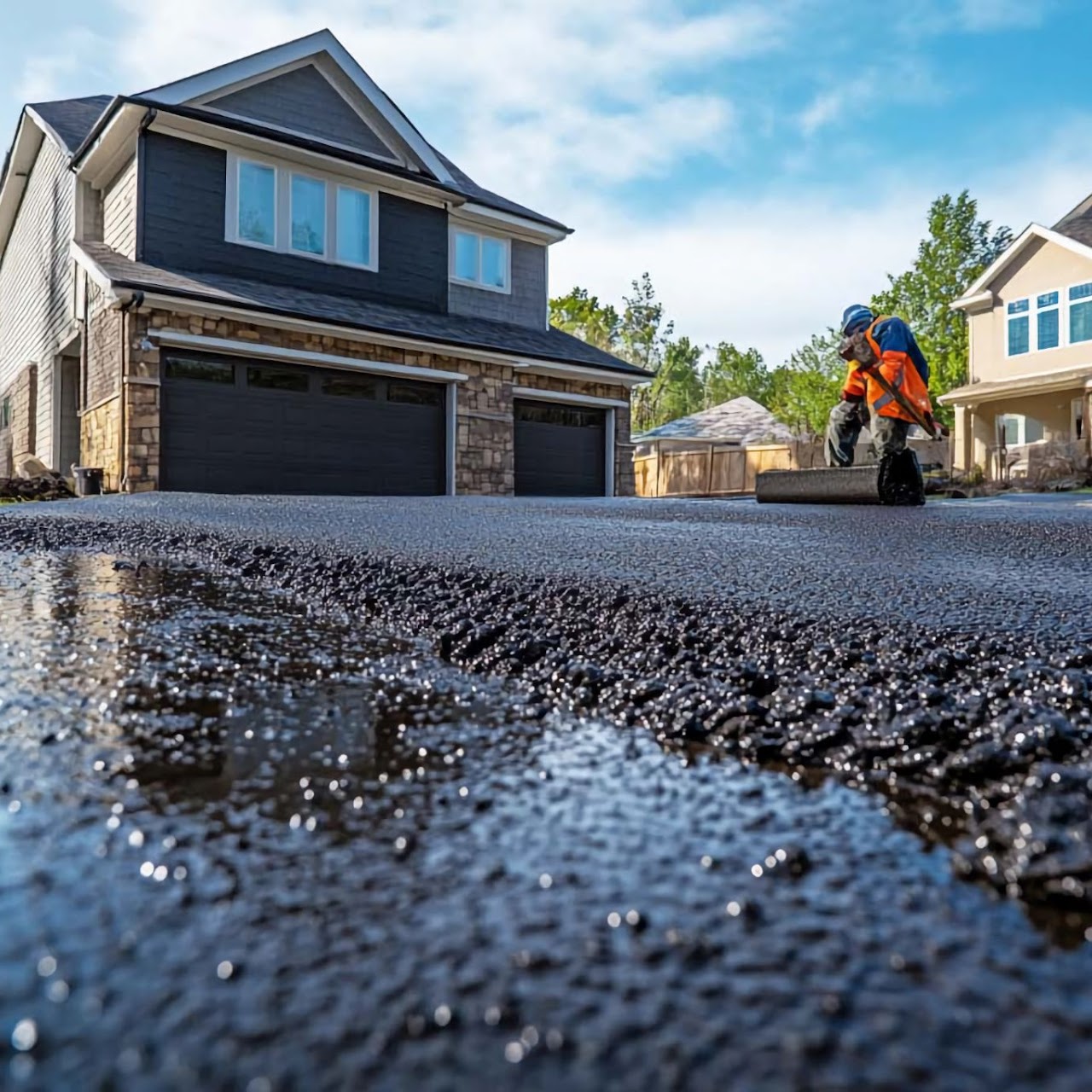 A worker paving a blacktop driveway with a smooth finish, with a modern home and driveway in the background. Highlighting the quality work of Morris Town Paving, serving Morris County, NJ.