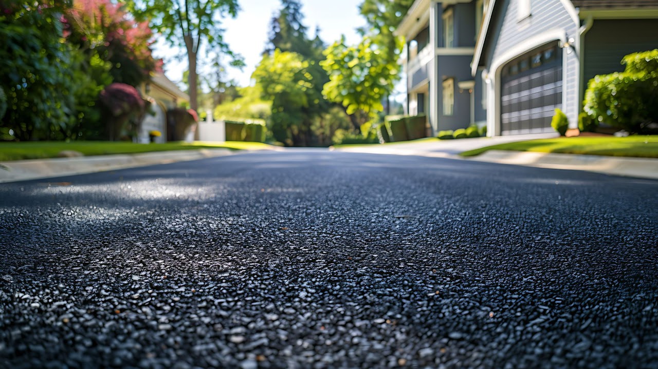 A freshly paved driveway with a smooth finish, leading to a modern home surrounded by lush green landscaping. Showcasing the high-quality work of Morris Town Paving, operating out of Morris County, NJ.
