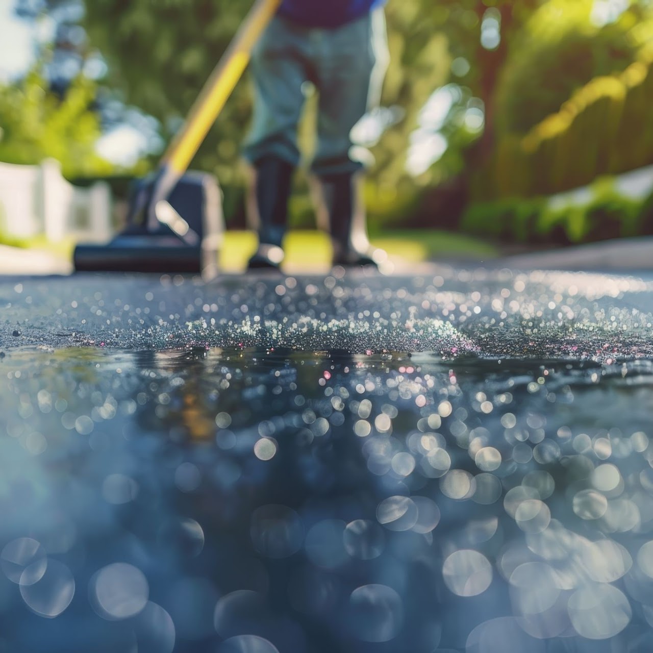 A worker sealcoating an asphalt pavement with a special brush-like tool, demonstrating the care and precision of Morris Town Paving, operating out of Morris County, NJ.