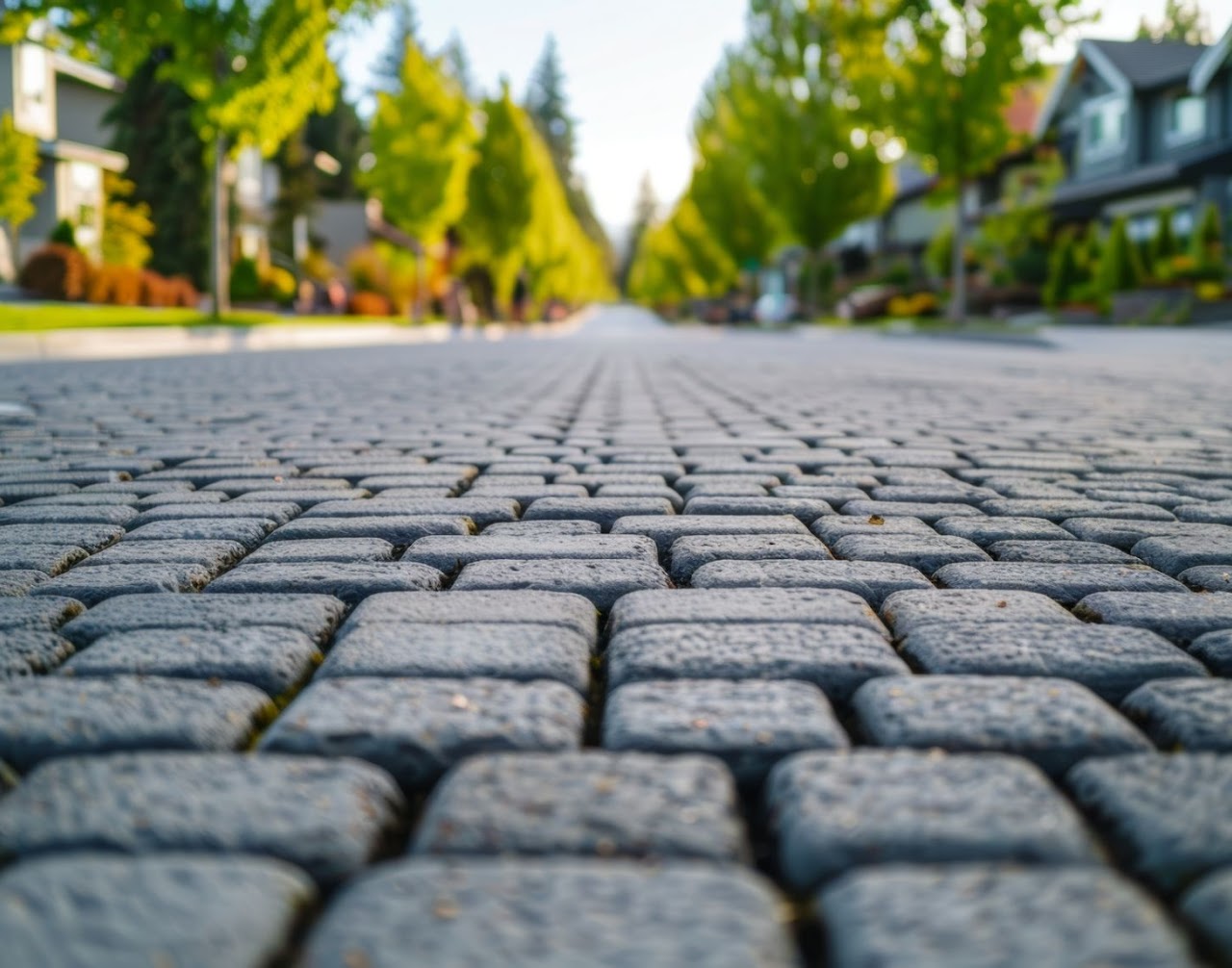 Beautifully laid brick-style permeable asphalt paving with homes and greenery in the background, highlighting Morris Town Paving's sustainable paving services in Morris County, NJ.