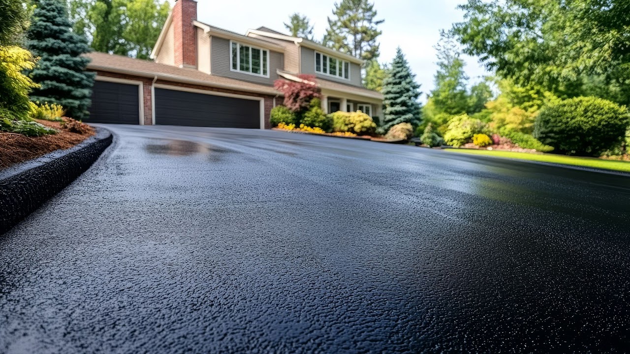 A smooth, freshly paved asphalt driveway in front of a modern two-story home, surrounded by well-maintained landscaping and vibrant greenery under a bright blue sky. Perfectly highlighting Morris Town Paving's dedication to exceptional residential paving services in Morris County, NJ.