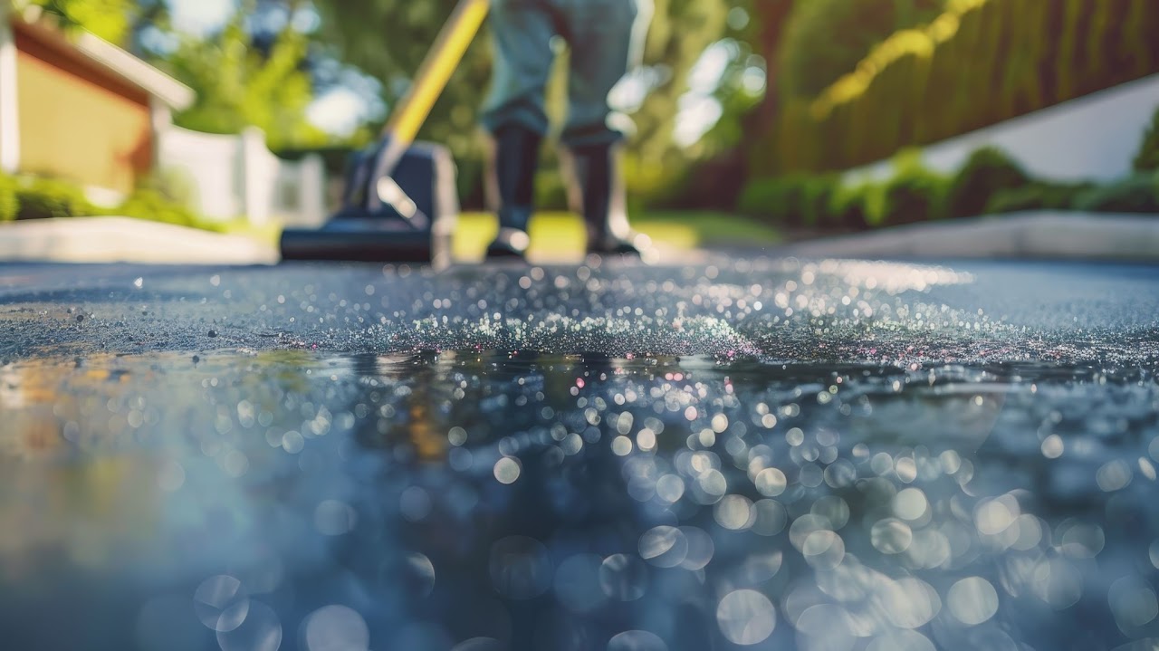 A Morristown Paving worker sealcoating an asphalt pavement with a special brush-like tool, demonstrating the care and precision of our team, that serves the Morris County, NJ area.