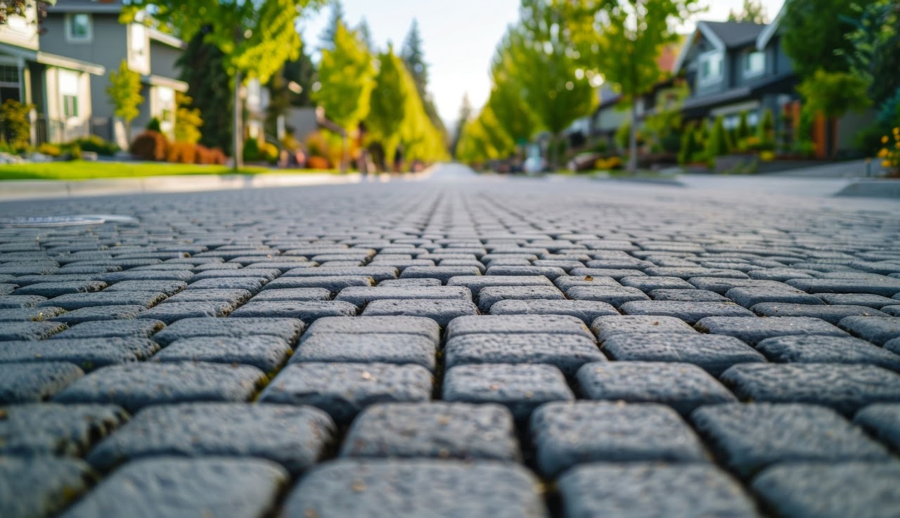 Beautifully laid brick-style permeable asphalt paving with homes and greenery in the background, where Morris Town Paving recently performed services that showcases their eco-friendly paving services in Morris County, NJ.