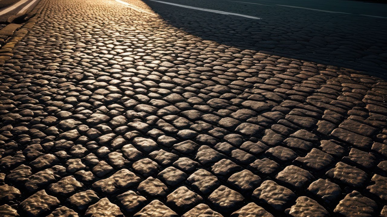 A close-up view of a traditional cobblestone surface installed by Morristown Paving in Morris County, NJ. Evening sunlight casts dramatic shadows across the textured stone pavers, highlighting the permeable design and craftsmanship of the historic-style paving.