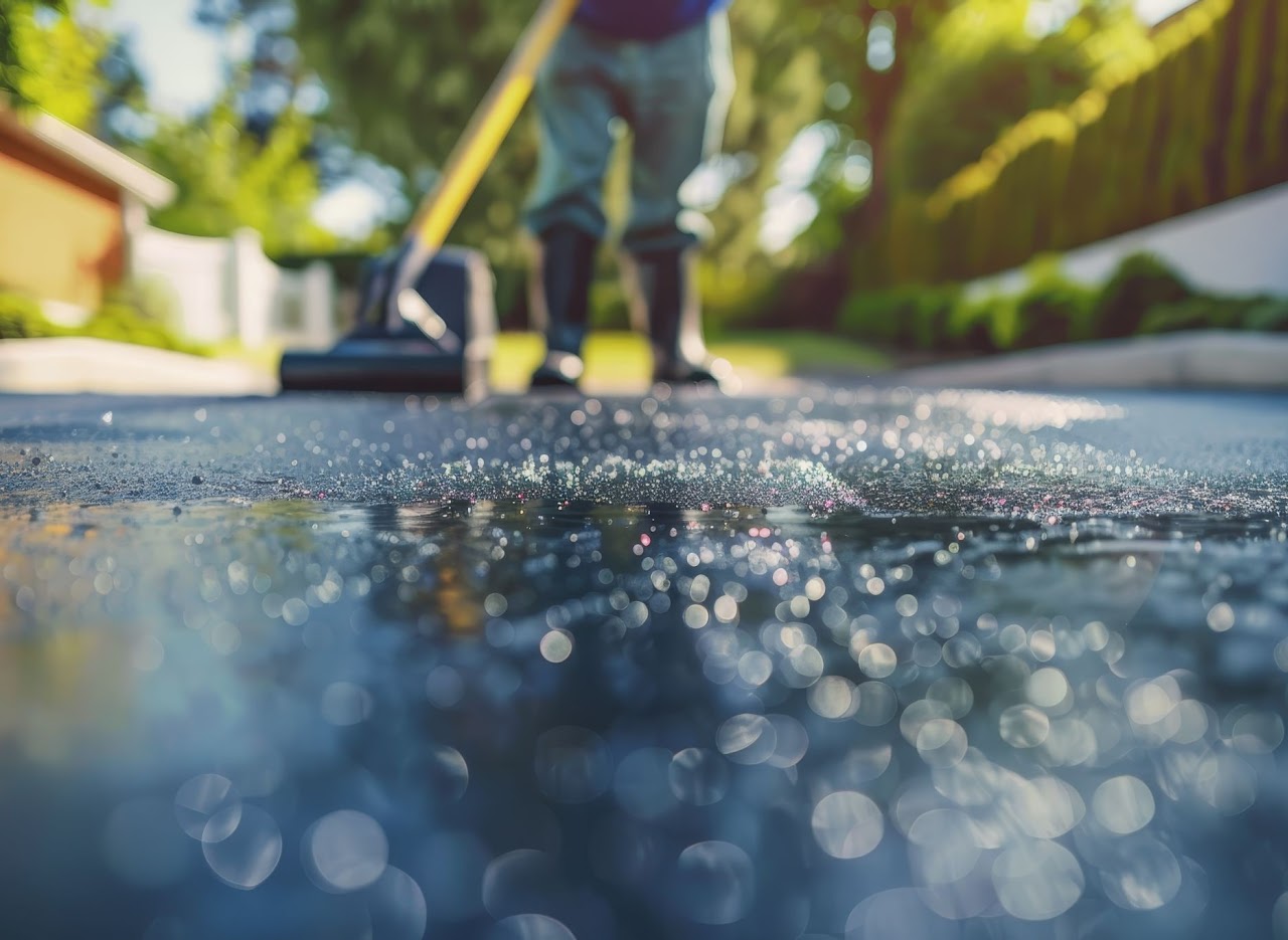 A worker sealcoating an asphalt pavement with a special brush-like tool, demonstrating the care and precision of Morris Town Paving, that serves the Morris County, NJ area.