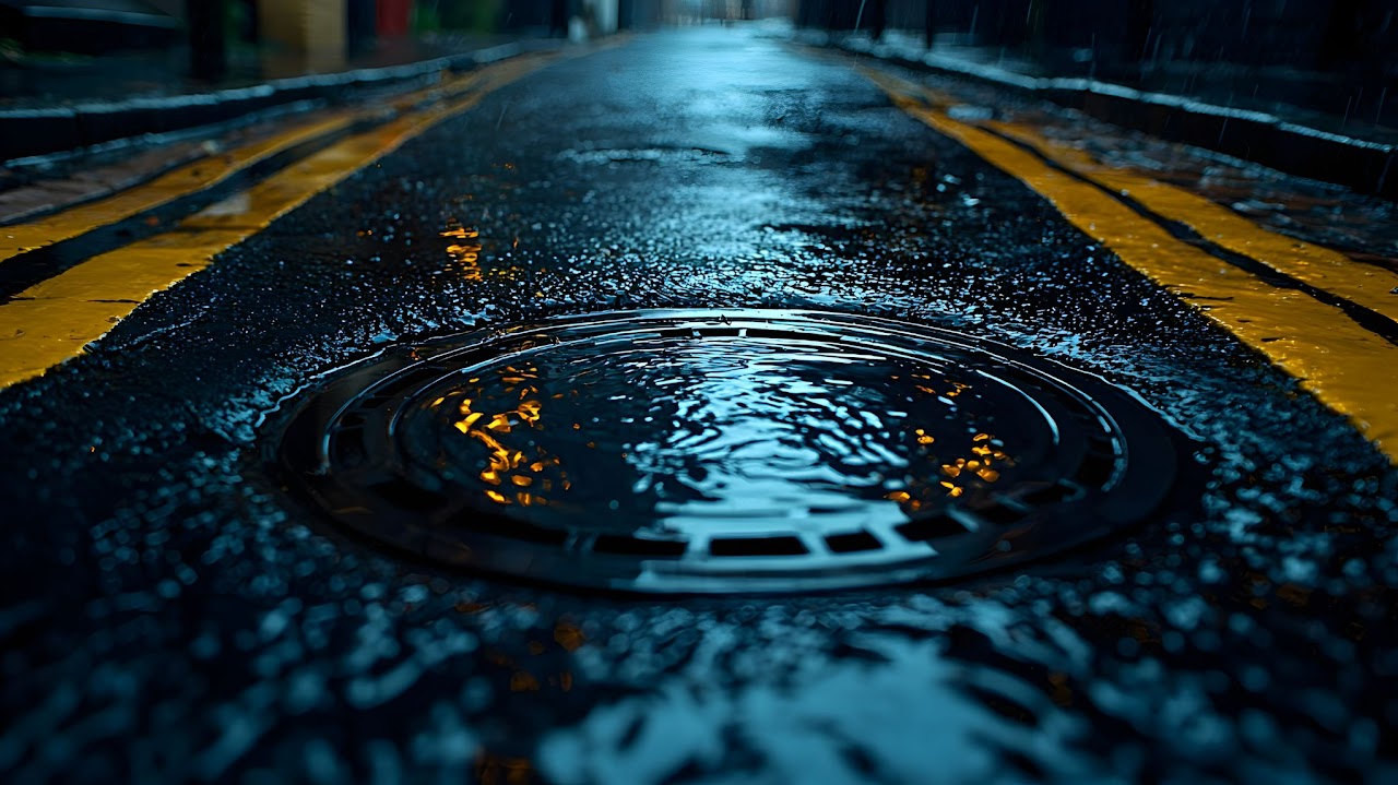 A close-up of a wet roadway with a catch basin and on a rainy day, showcasing Morris Town Paving's expert drainage solutions and catch basin installation services in Morris County, NJ.