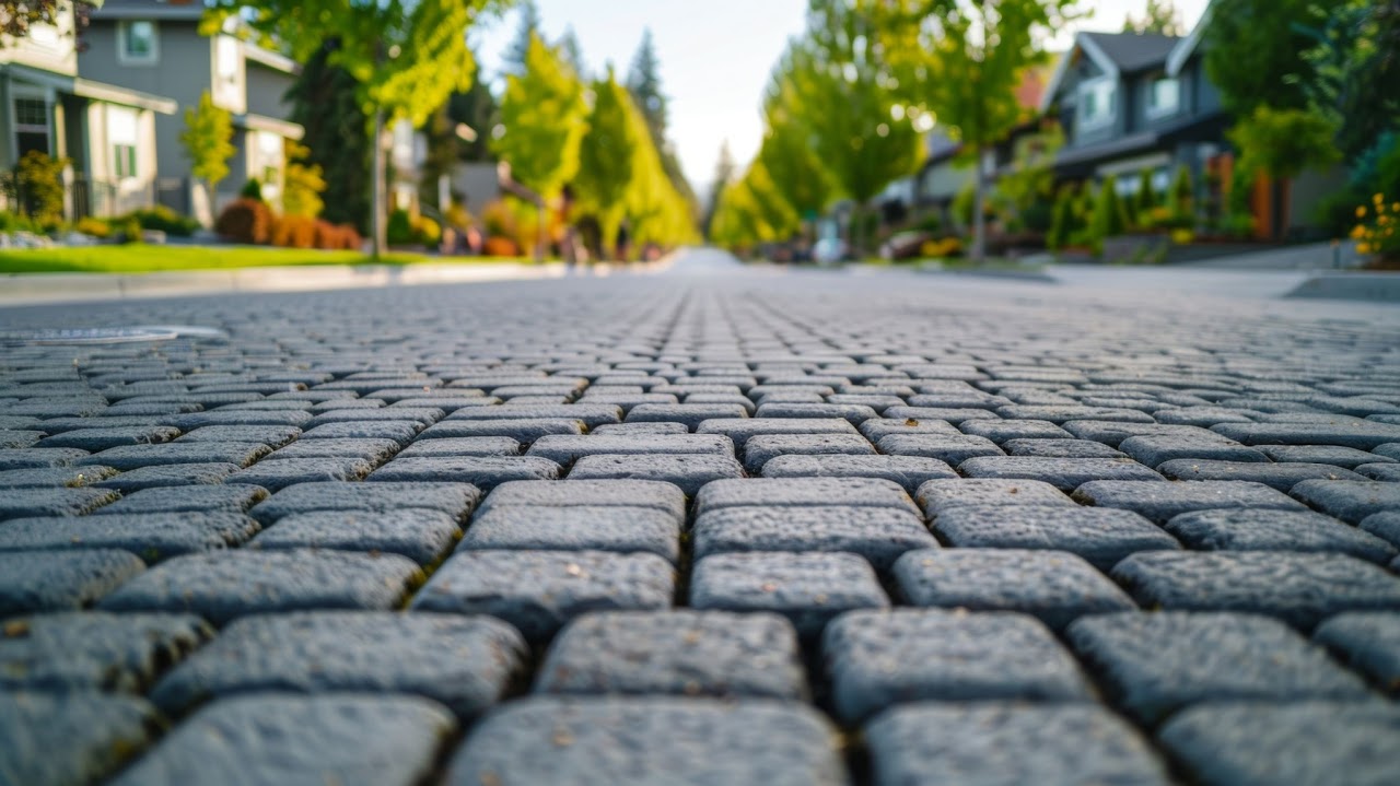 Beautifully laid brick-style permeable asphalt paving with homes and greenery in the background, highlighting Morris Town Paving's eco-friendly paving services in Morris County, NJ.