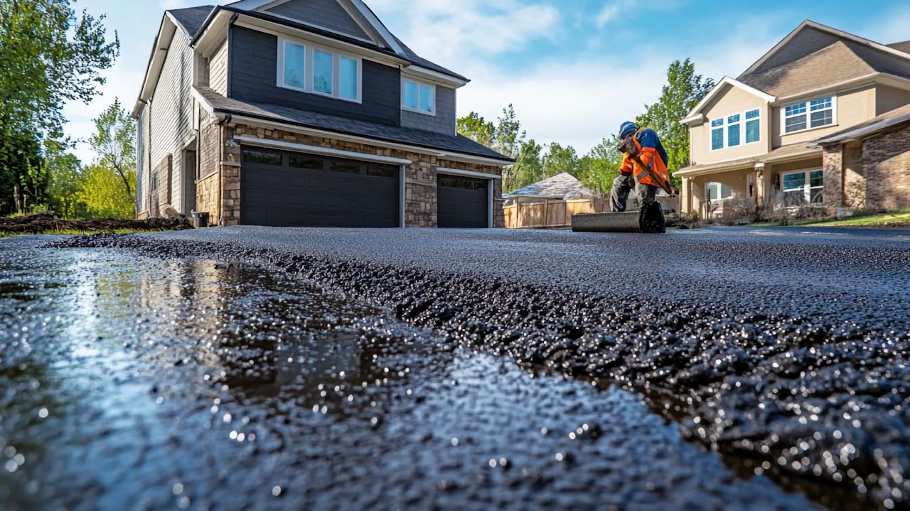 A worker doing blacktop driveway paving with a smooth finish, with a modern home and driveway in the background. Highlighting the quality work of Morris Town Paving, serving Morris County, NJ.